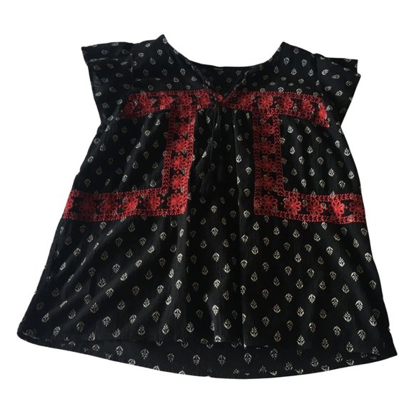 🌸4/$20 Boho style black print with red embroidery detailing peasant blouse - Picture 1 of 3